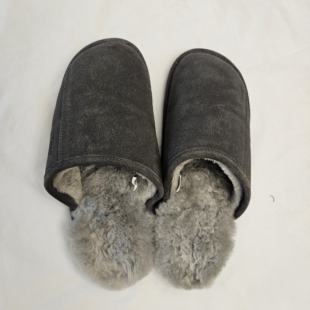 Tilley Premium Shearling Lined Slip On Grey Leather Slipper Rubber Sole Men’s 10